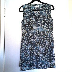 Cabi Tunic Top Semi Sheer Button Front Side Slits Blue & White W/ Beige EUC Sz S